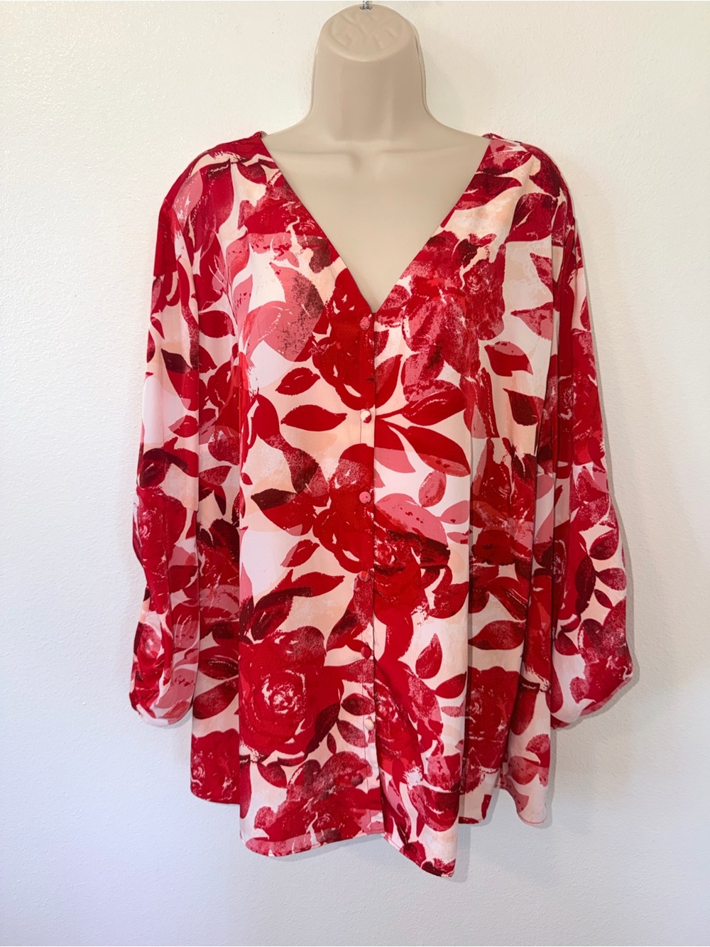 Alfani Red and White Floral V-Neck Blouse